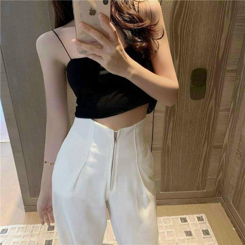 Quần ống rộng khoá dài không khuy mix với crop-top siêu cá tính