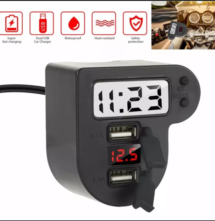Đồng hồ báo giờ 3in1 cho xe máy kèm 2 cổng sạc cực gắn xe máy hàng chất lượng tốt