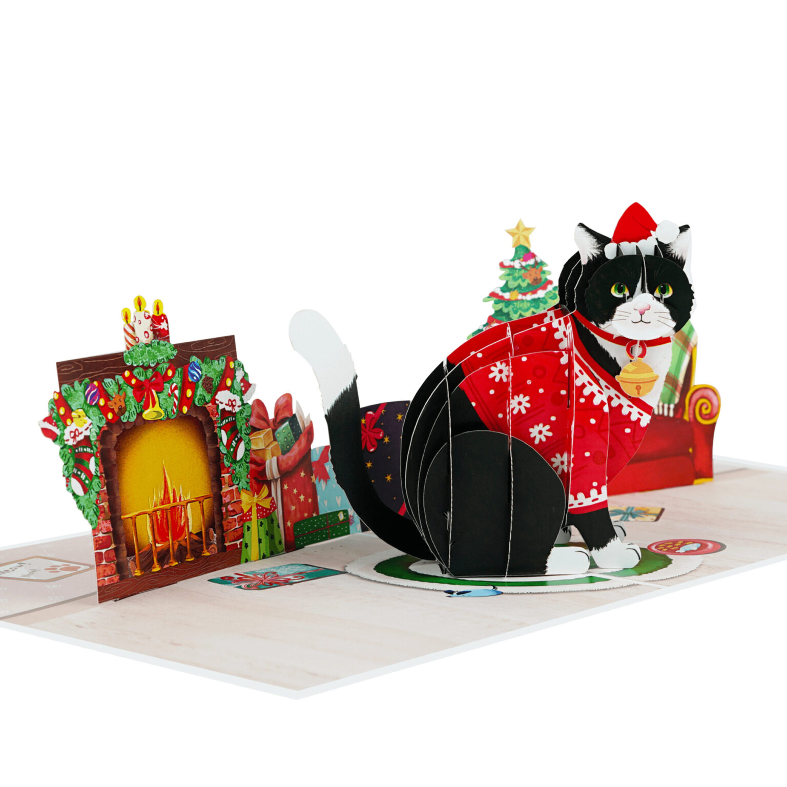 X45 -  THIỆP NOEL 3D MÈO MẶC ÁO LEN ĐỎ