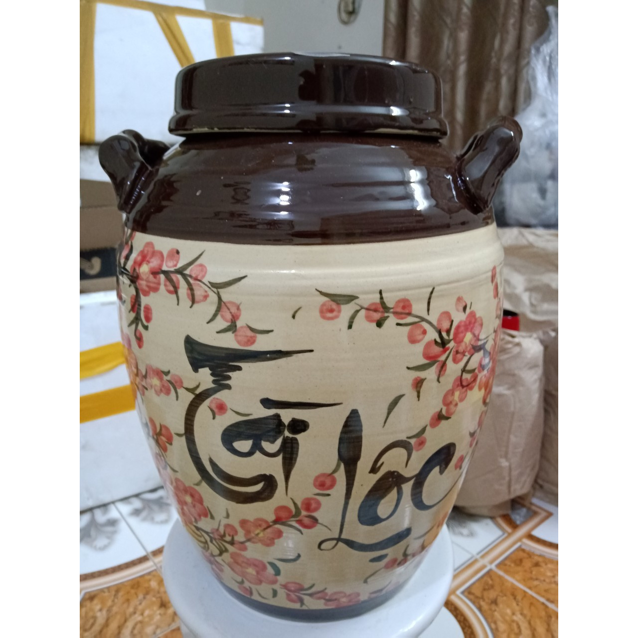 Hũ đựng rượu gạo vẽ hoa đào Bát Tràng nắp bằng loại 25L