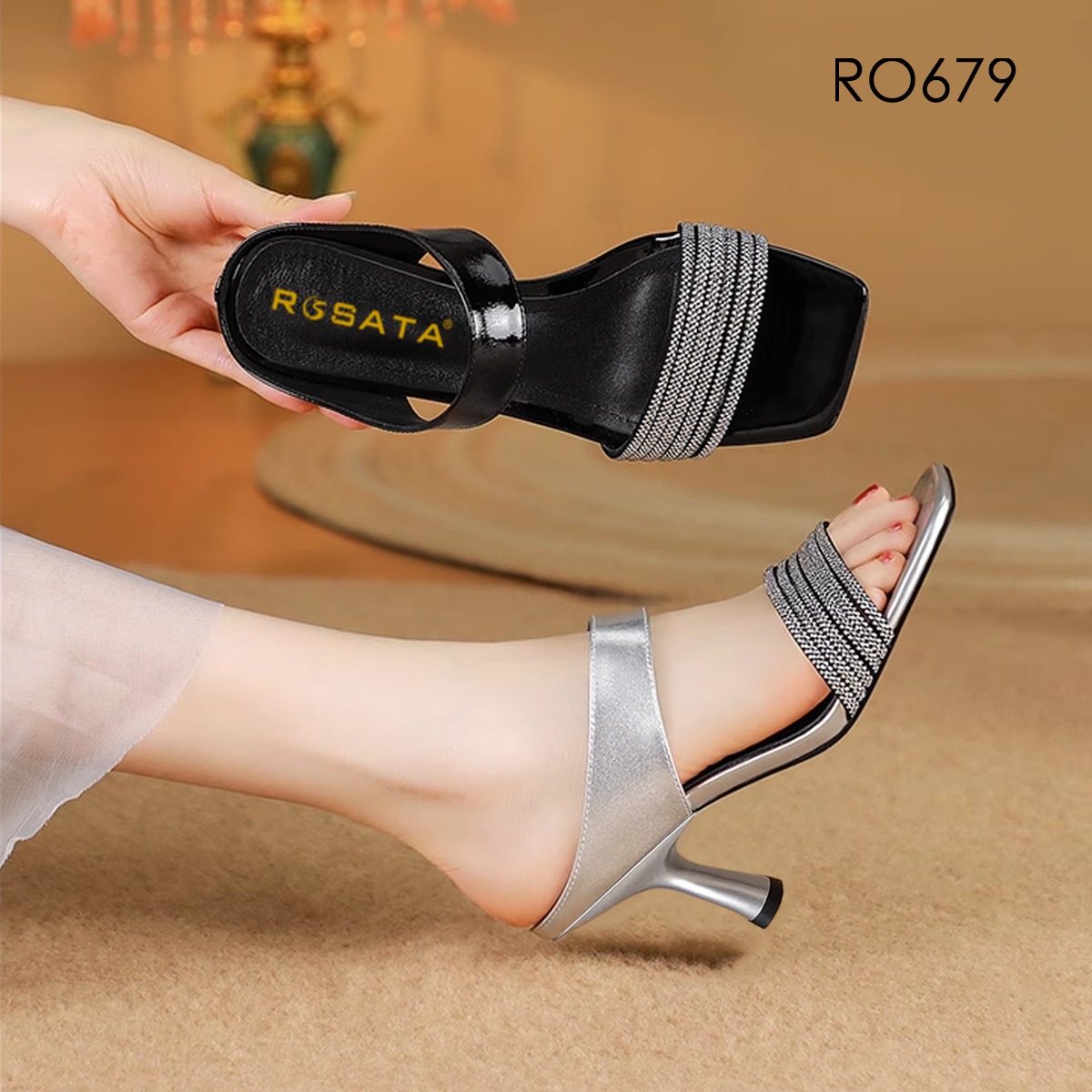 Dép nữ quai ngang đính hạt, gót nhọn ROSATA RO679 - 6p - Đen, Bạc - BKSTORE