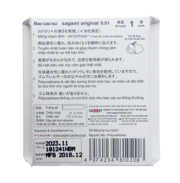 Bao cao su Sagami Original 0,01 siêu mỏng (hộp 01 chiếc)