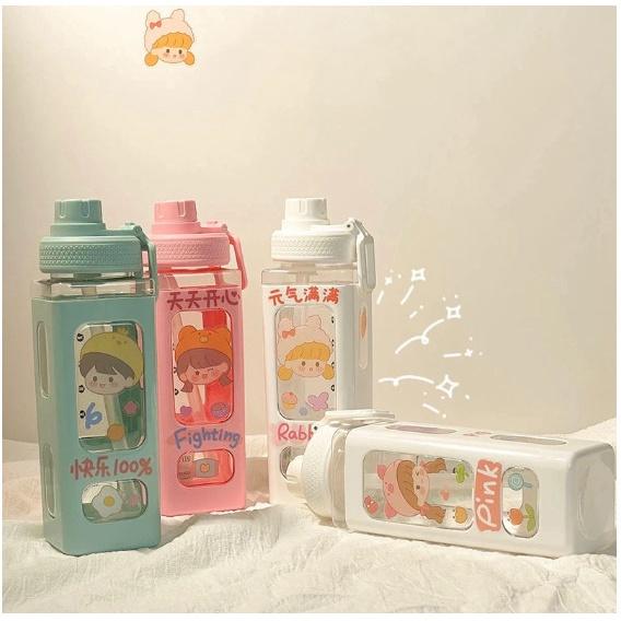 Bình nước thể thao dáng vuông dung tích 700ml kèm sticker đáng yêu