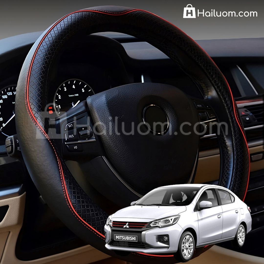 Bọc Vô Lăng ô tô cho MITSUBISHI ATTRAGE Da Thật Cao Cấp - Màu Đen Chỉ Đỏ