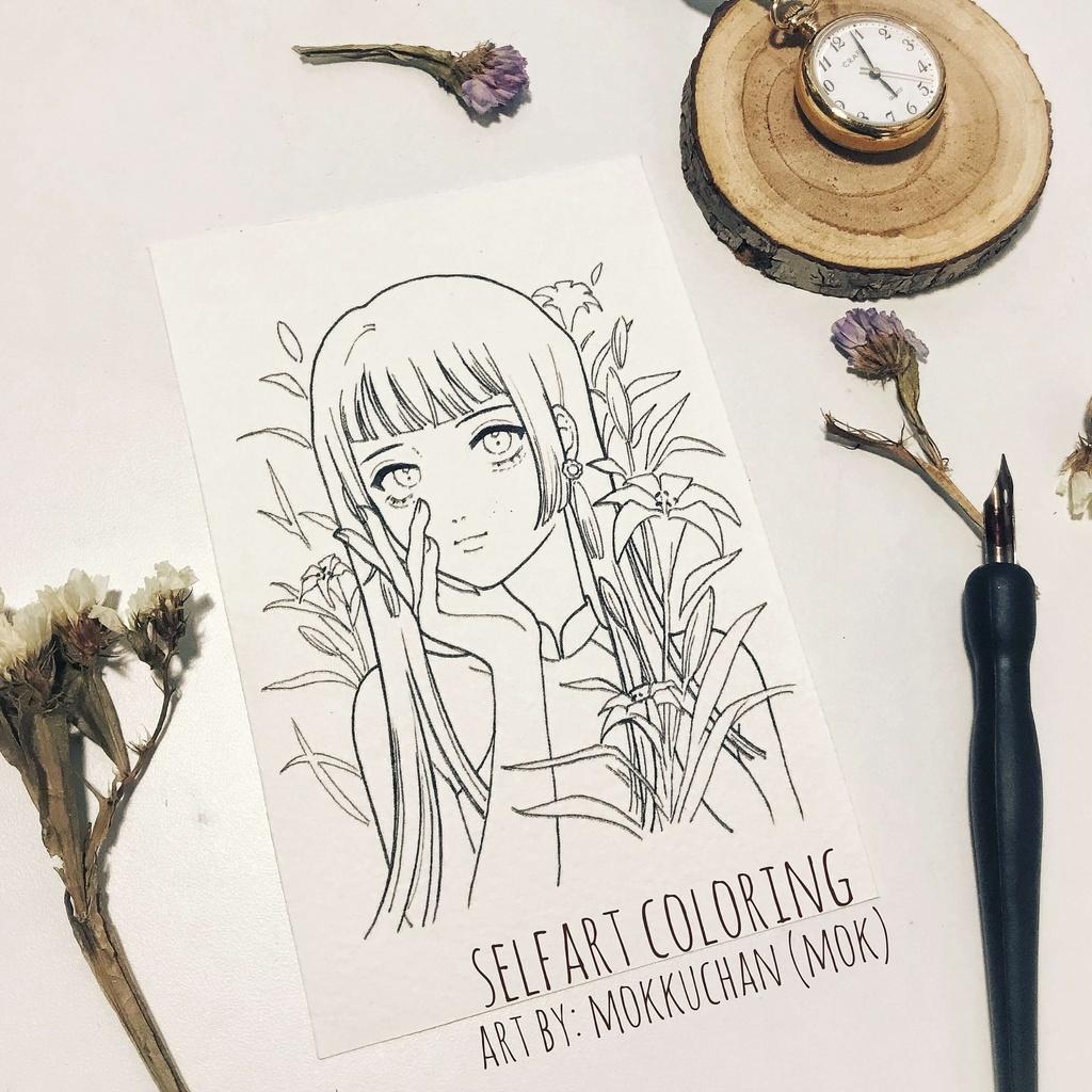 Postcard thiệp tô màu &quot;Girl with flowers&quot; của MOK - Self Art Coldpress 300gsm