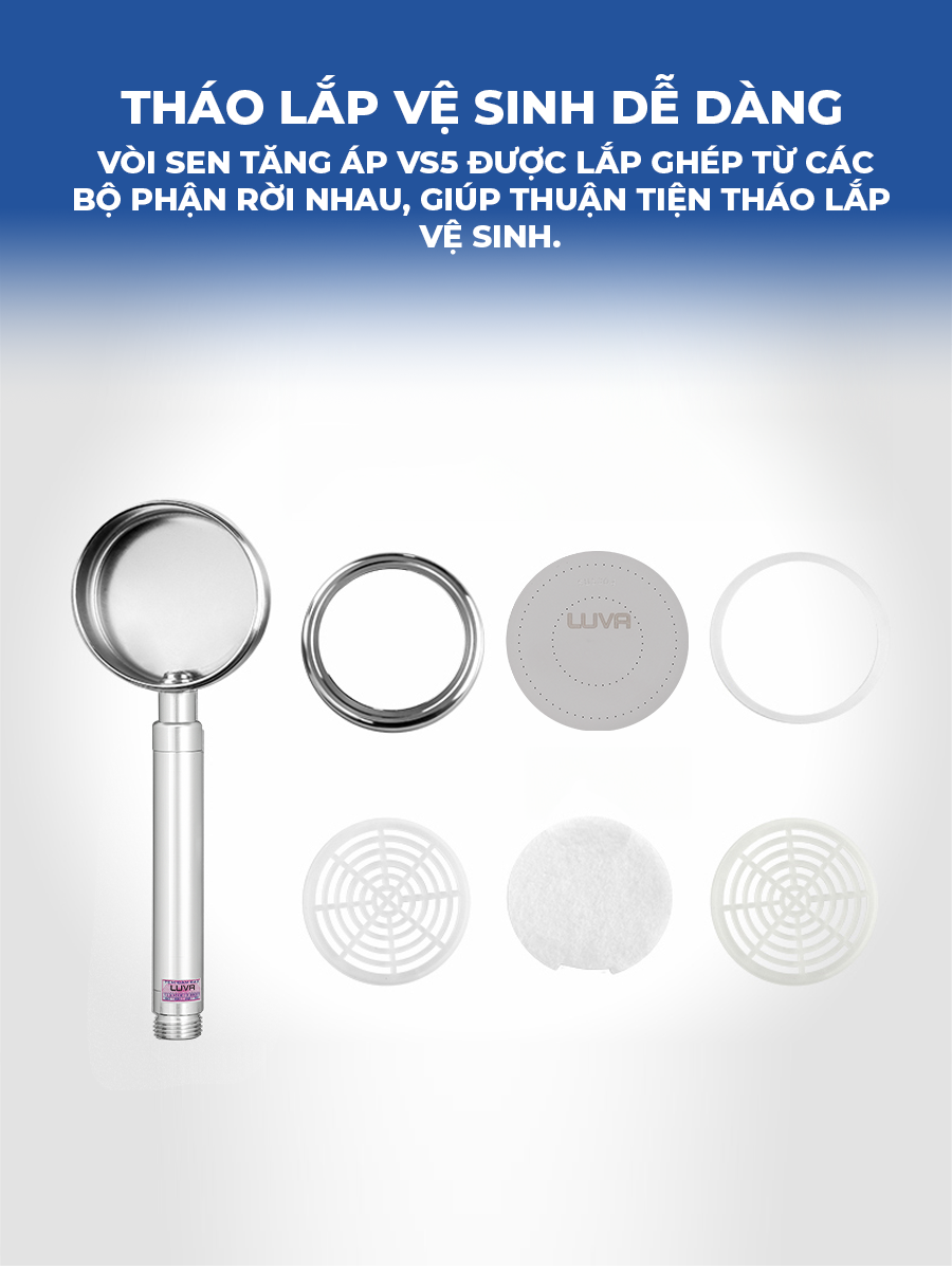 Vòi sen tăng áp LUVA VS5, inox 304, BH 1 năm, đổi lỗi 100 ngày, phun nước dạng xoắn ốc