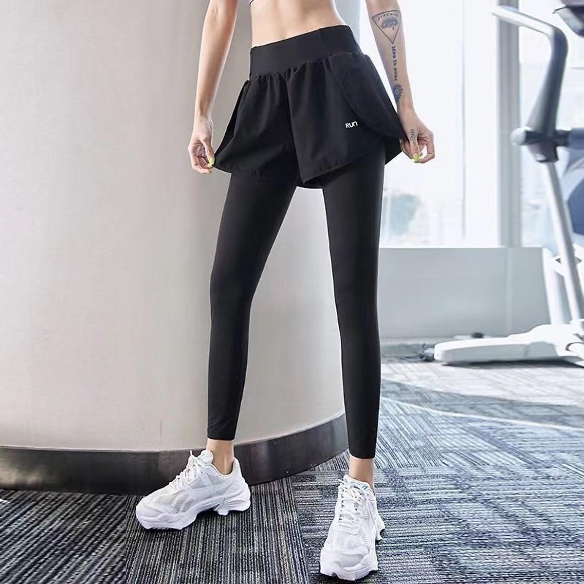 "NEW 2026"  Quần Legging Nữ 2 Trong 1 Có Túi Co Giãn Thắt Lưng  Yoga Tập Thể Dục Tập Gym Thể Thao " HOT HOT" - Đen