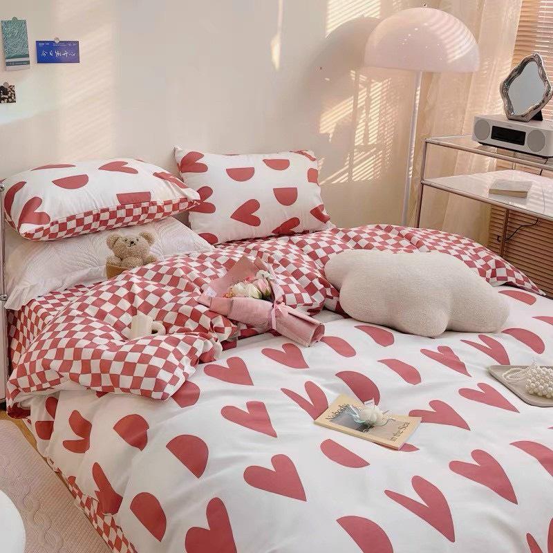 Bộ chăn ga gối Cotton poly M2T bedding gồm vỏ chăn mền, drap ga giường và 2 vỏ gối nằm - PL Tim khuyết đỏ