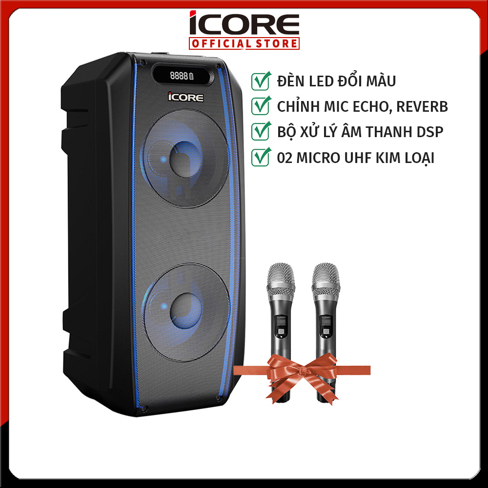 Loa du lịch iCore i6 - Loa karaoke bluetooth xách tay - Kèm 2 micro UHF cao cấp - Hàng Chính Hãng