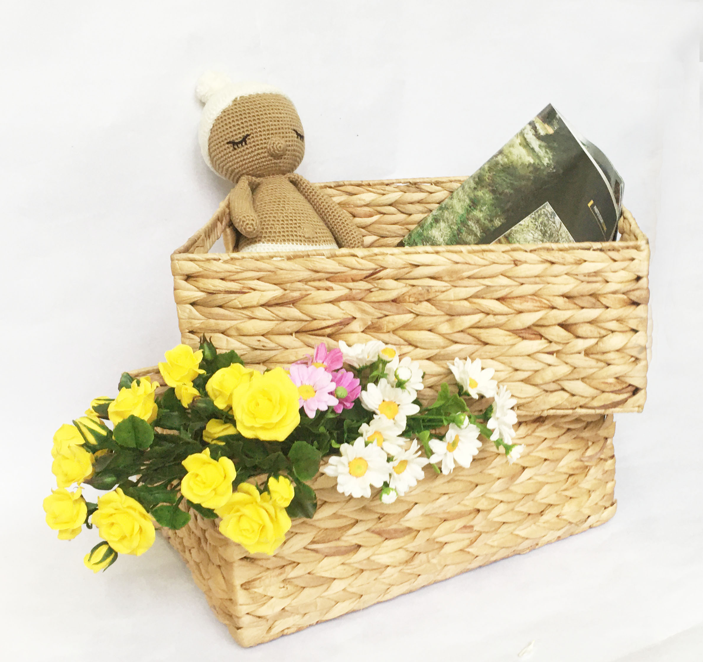 Sọt Giỏ Lục Bình chữ nhật đa năng - giỏ bèo tây khung sắt có tay cầm handmade vintage KT D36xR27xC14cm