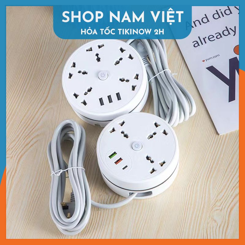 Ổ Cắm Điện Tròn Thu Gọn Dây Có Cổng USB Type-C
