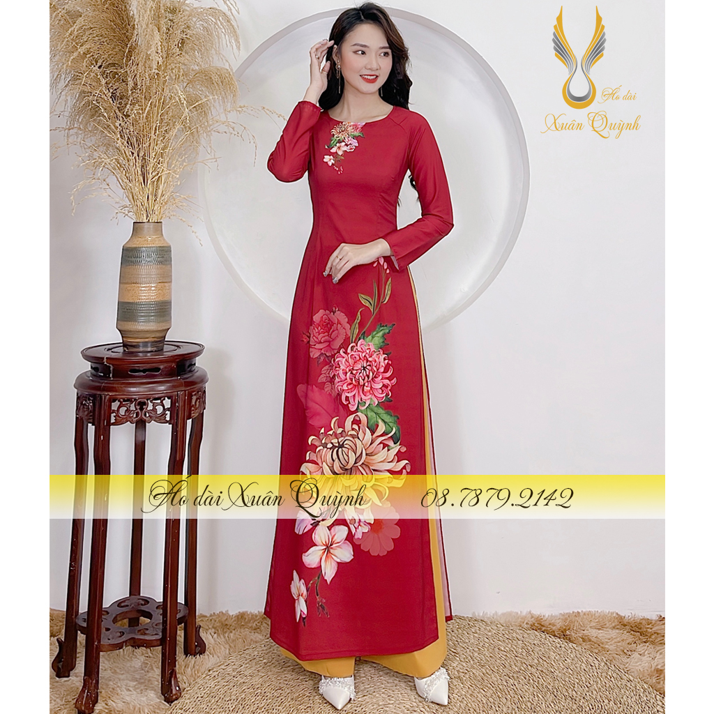 Áo Dài Hoạ Tiết Hoa Cúc Nền Đỏ Đô, Thanh Lịch, Sang Trọng Lụa Habutai Cao Cấp K87