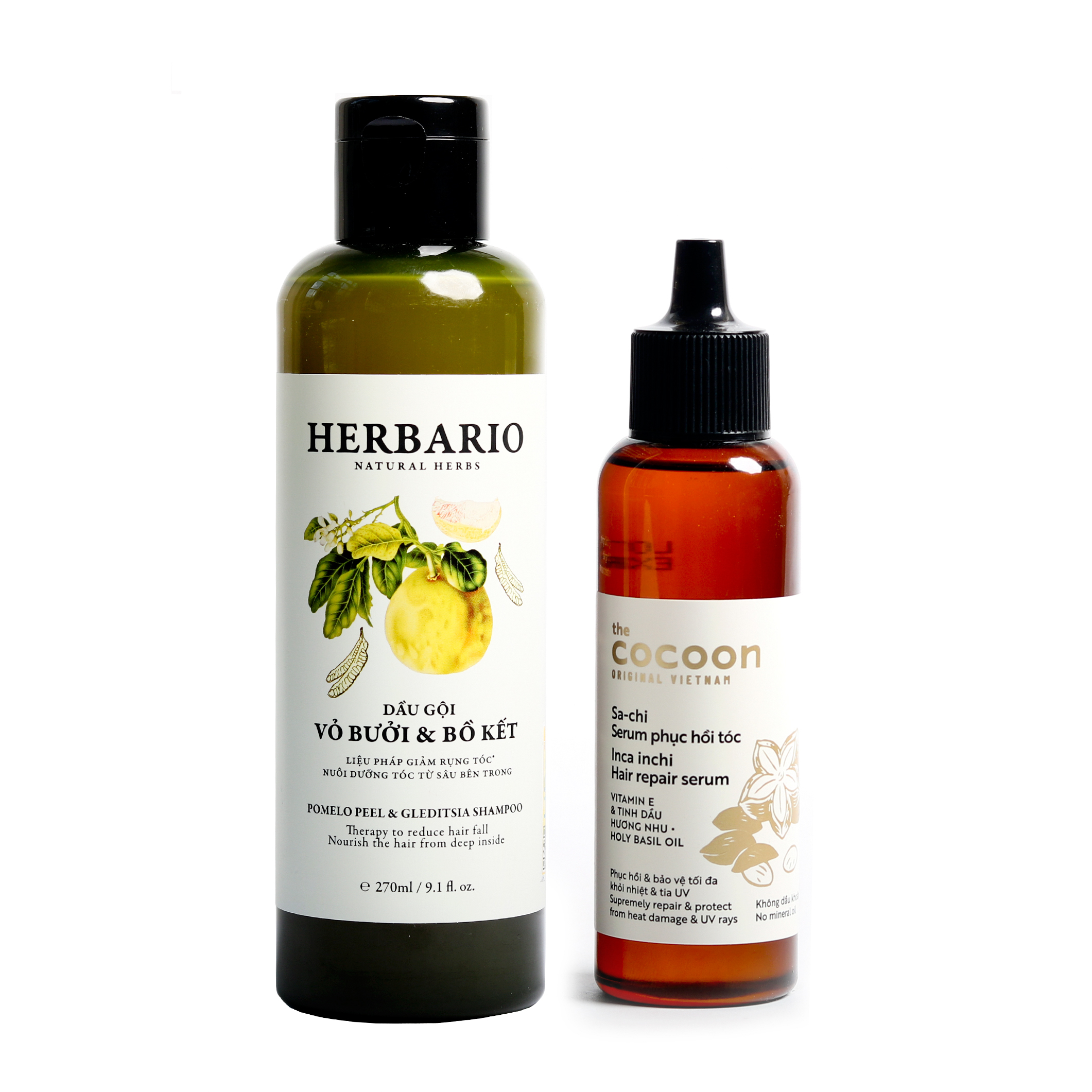 Combo dầu gội bưởi bồ kết Herbario 270ml + Serum phục hồi tóc hư tổn Cocoon 70ml