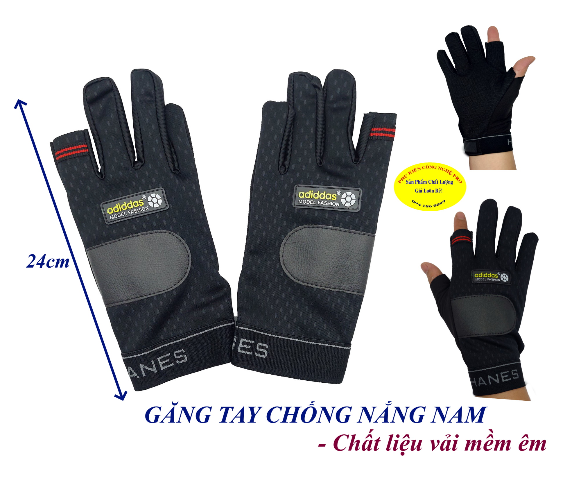 Bao tay Găng tay Nam Kiểu hở 2 ngón Gắn chữ adiddas Chất liệu vải mềm êm, Chống nắng, Chống tia UV, Bảo vệ đôi tay