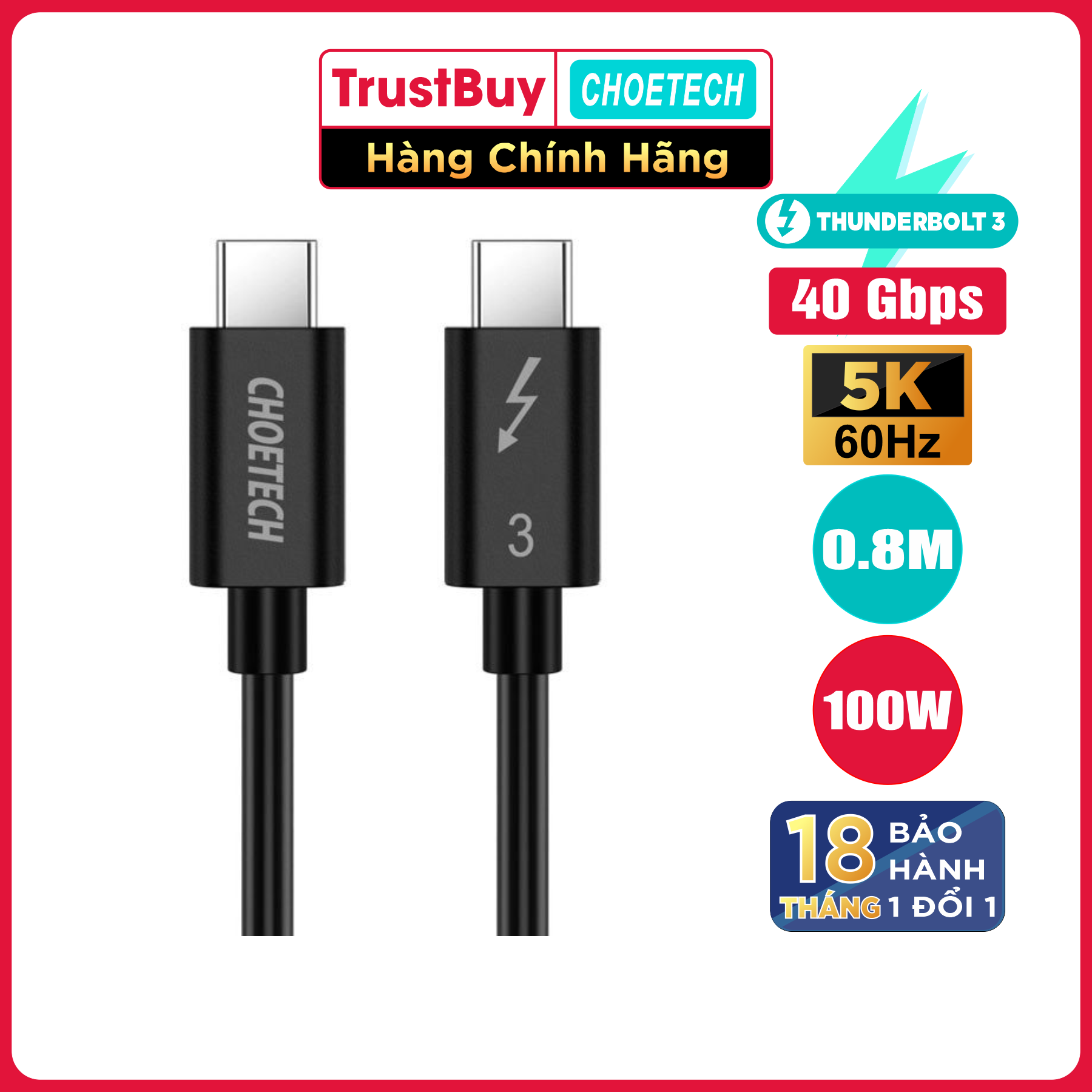 Dây Cáp Thunderbolt 3 (Chuẩn Intel) Choetech Hỗ Trợ Truyền Tải 40Gbps, Sạc PD 100W, Video 4K @ 60Hz kép / 5K 0.7m A3007 - Hàng Chính Hãng