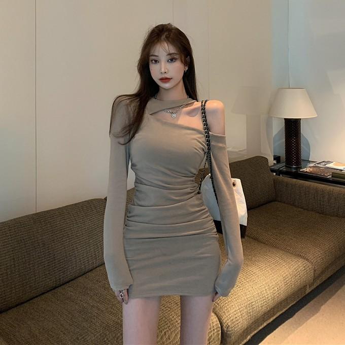 Korean Mini dresses Sexy off shoulder long sleeve dresses