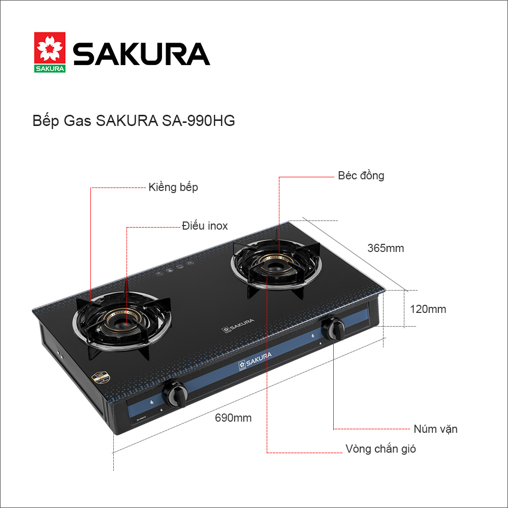 Bếp Gas Dương Mặt Kính SAKURA SA-990HG - Hàng Chính Hãng