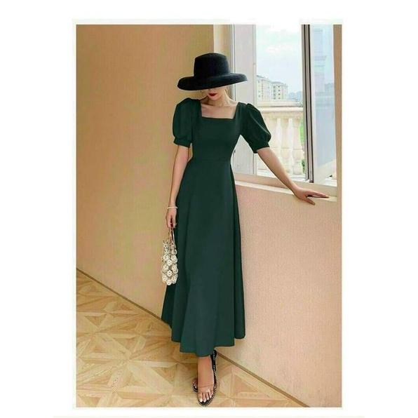 ĐẦM MAXI XANH CỔ VUÔNG TAY PHỒNG