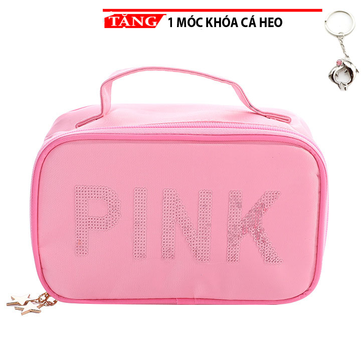 Túi Mỹ Phẩm - túi tiện ích Màu Pink Tặng móc khóa cá heo