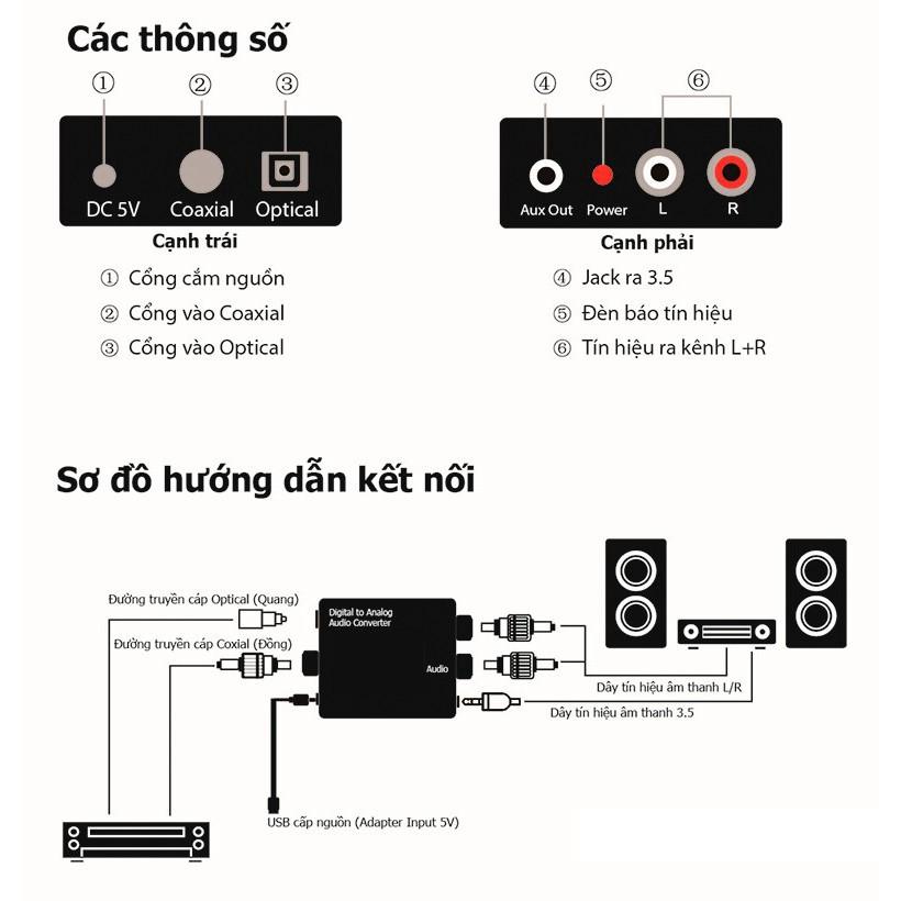 Bộ chuyển đổi tín hiệu âm thanh quang học Optical ra audio AV, tặng kèm dây nguồn và dây quang 1m