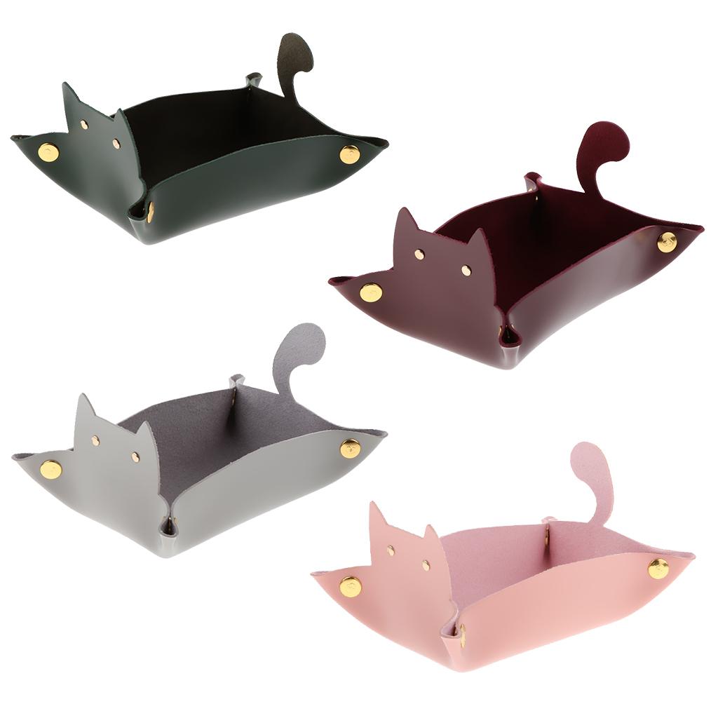 Cartoon Cat Key Storage Tray Change Organizer PU Leather Catchall  Red
