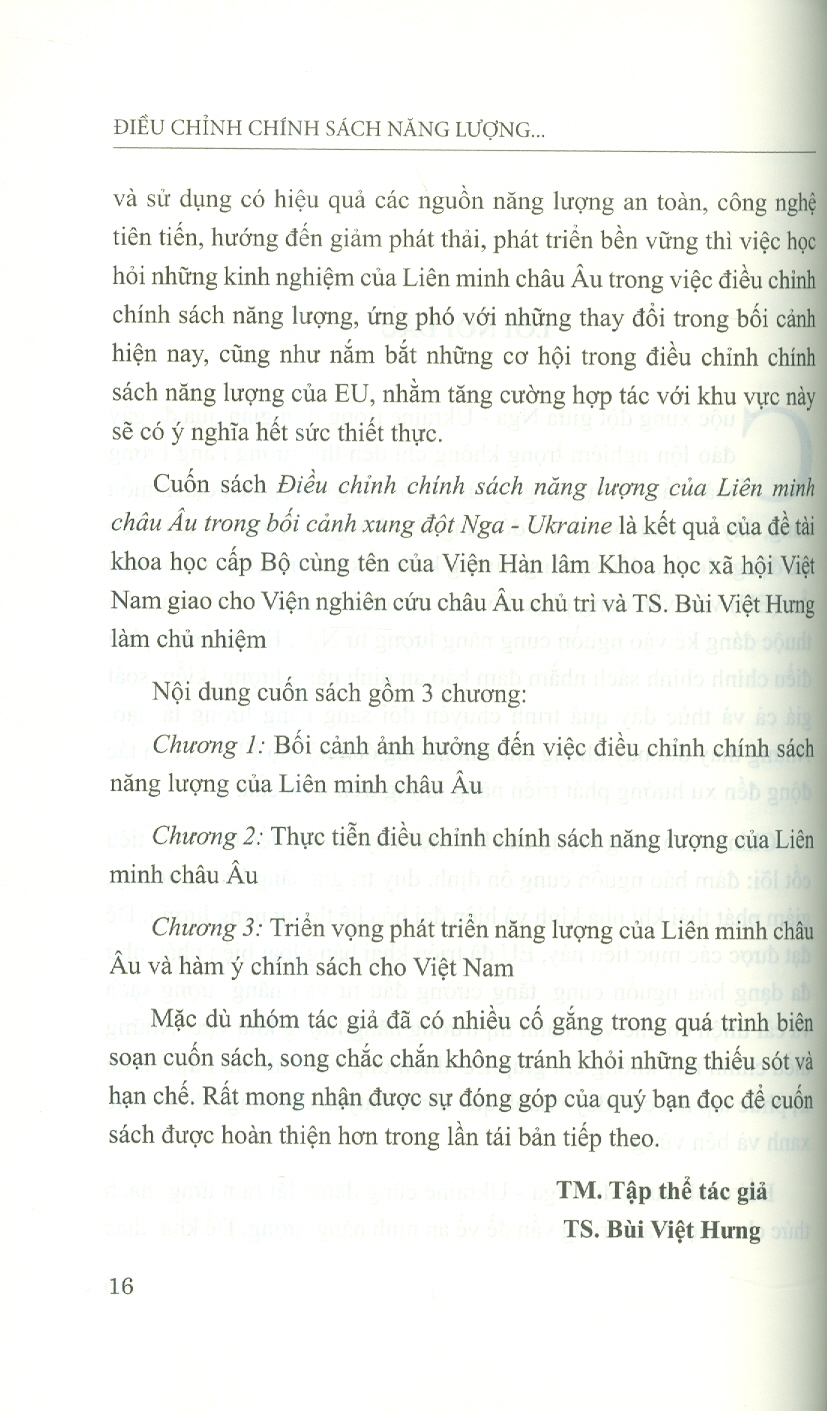 Điều Chỉnh Chính Sách Năng Lượng Của Liên Minh Châu Âu Trong Bối Cảnh Xung Đột Nga - Ukraine (Sách Chuyên Khảo)