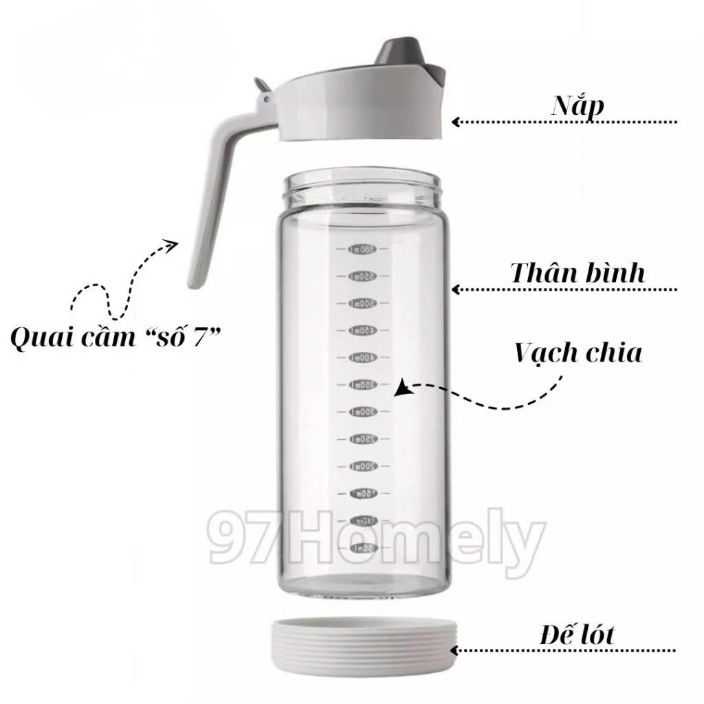 Bình Thủy Tinh Rót Dầu Ăn/Nước Mắm Có Vòi &amp; Phễu Tích Hợp – Dung Tích 500ml – Chai Đựng Gia Vị Thông Minh, Chịu Nhiệt, Có Vạch Chia- HÀNG CHÍNH HÃNG MINIIN
