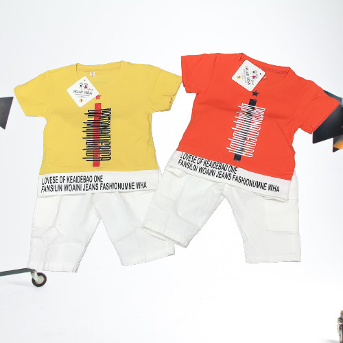 Bộ quần áo bé trai thun cotton 4 chiều áo thun quần kaki in chữ cho bé từ 8kg đến 22kg( màu vàng, cam