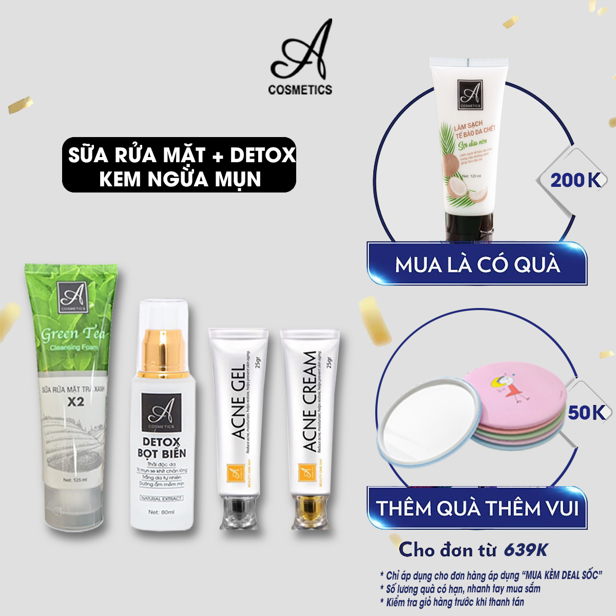 Bộ 3 Sp ngăn ngừa mụn Acosmetics: Sữa rửa mặt trà xanh 120ml + Detox bọt biển 80ml  và Kem ngừa mụn siêu tốc 50ml