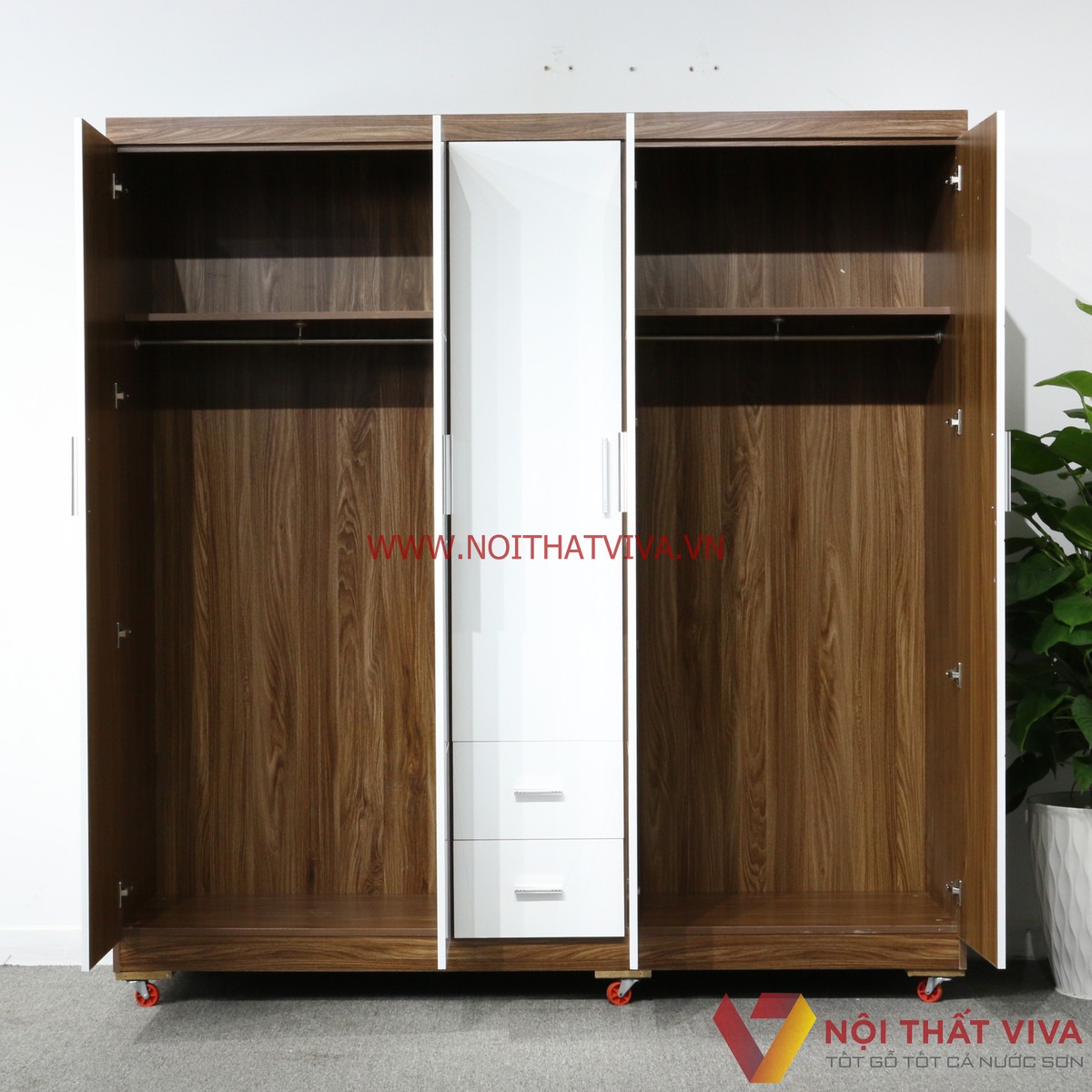 Tủ Áo 5 Cánh Gỗ MDF Melamine Màu Óc Chó Cánh Trắng Cao Cấp