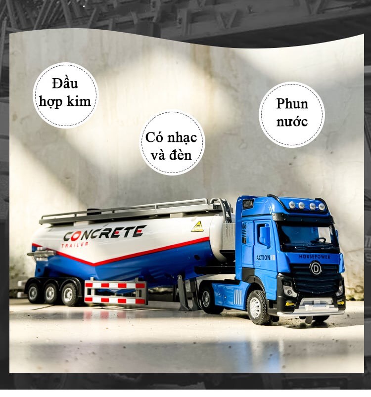 Mô hình đồ chơi xe bơm bê tông đầu bằng hợp kim phun được nước có nhạc và đèn dài 34 cm