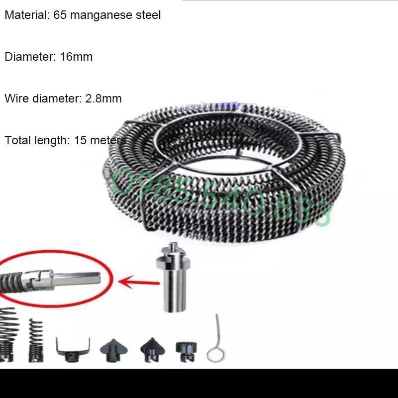 Dây Thông Cống dùng cho máy khoan ( 6m dây lò xo +6 đầu thông +1 đầu kết nối máy khoan............................ )