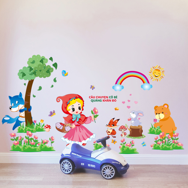 Decal dán tường chất liệu PVC loại 1 dày dặn, sắc nét, trang trí phòng ngủ cho bé- cô bé quàng khăn đỏ- mã sp LV8866