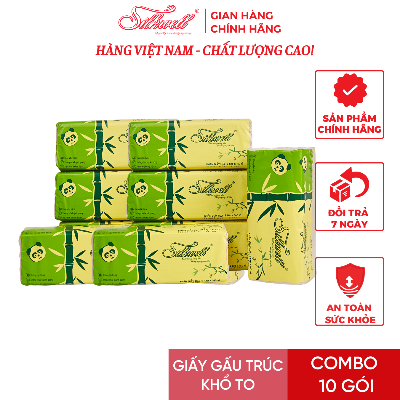 Combo 10 gói giấy ăn gấu trúc 160 tờ 3 lớp Silkwell siêu dai, mềm mịn