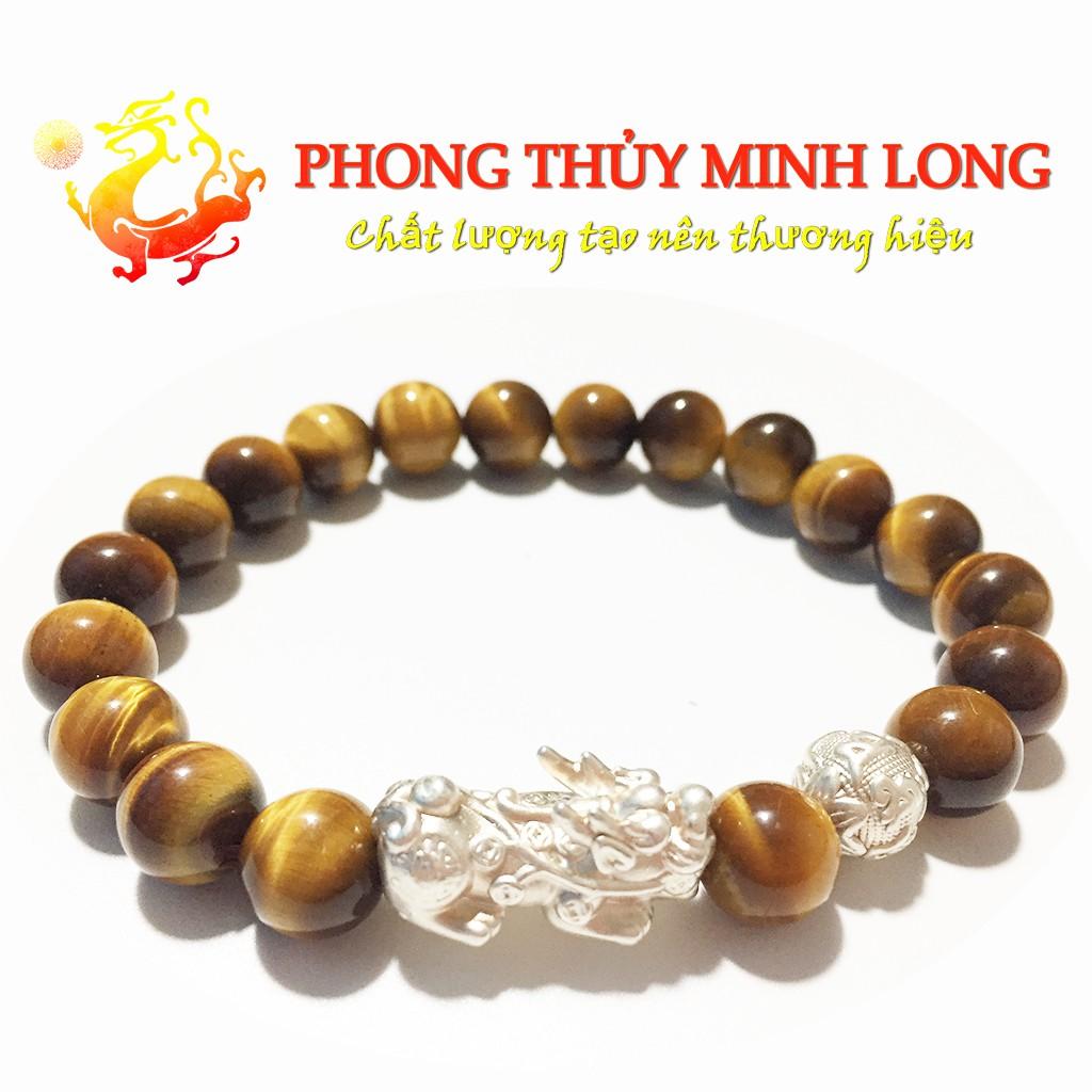 Vòng tay đá mắt hổ Vàng Nâu 5A mix Tỳ Hưu và 1 hạt kim tiền Bạc hợp mệnh Kim và Thổ