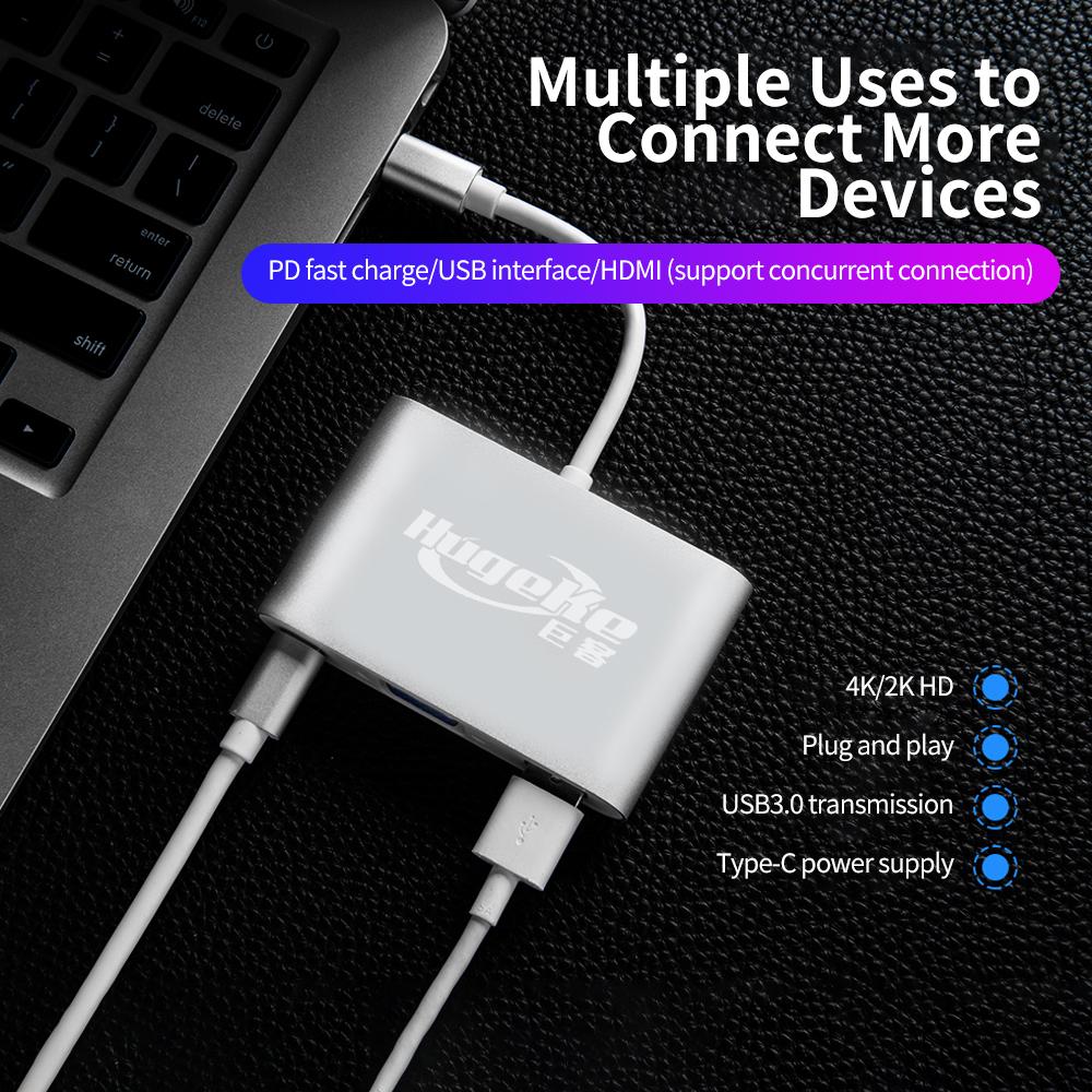 Bộ chuyển đổi Hugeke 3 in 1 Type-C Hub USB C to USB3.0 / VGA / Type-C 1080P thay thế cho Mac / Huawei / Samsung