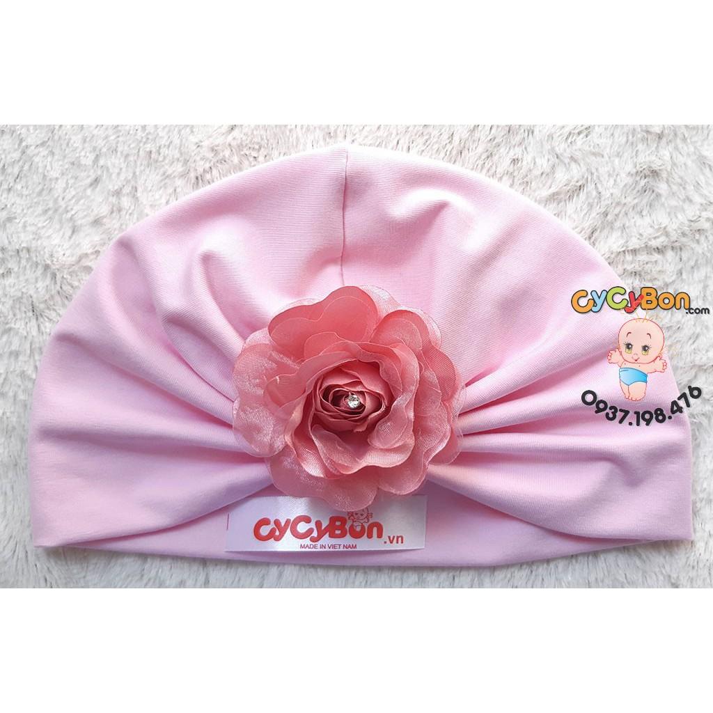 Nón Turban Cho Bé Hồng Phấn Đính Bông Hồng Ruốc Nhụy Đá - Có Nhiều Size