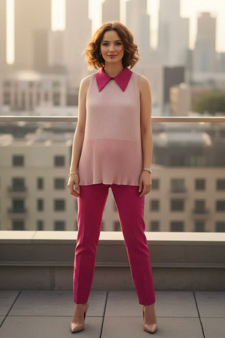 Áo Sơ Mi Vai Yếm Dập Ly, Áo Sát Nách Cổ Sơ Mi Hồng thời trang thiết kế Hity TOP246