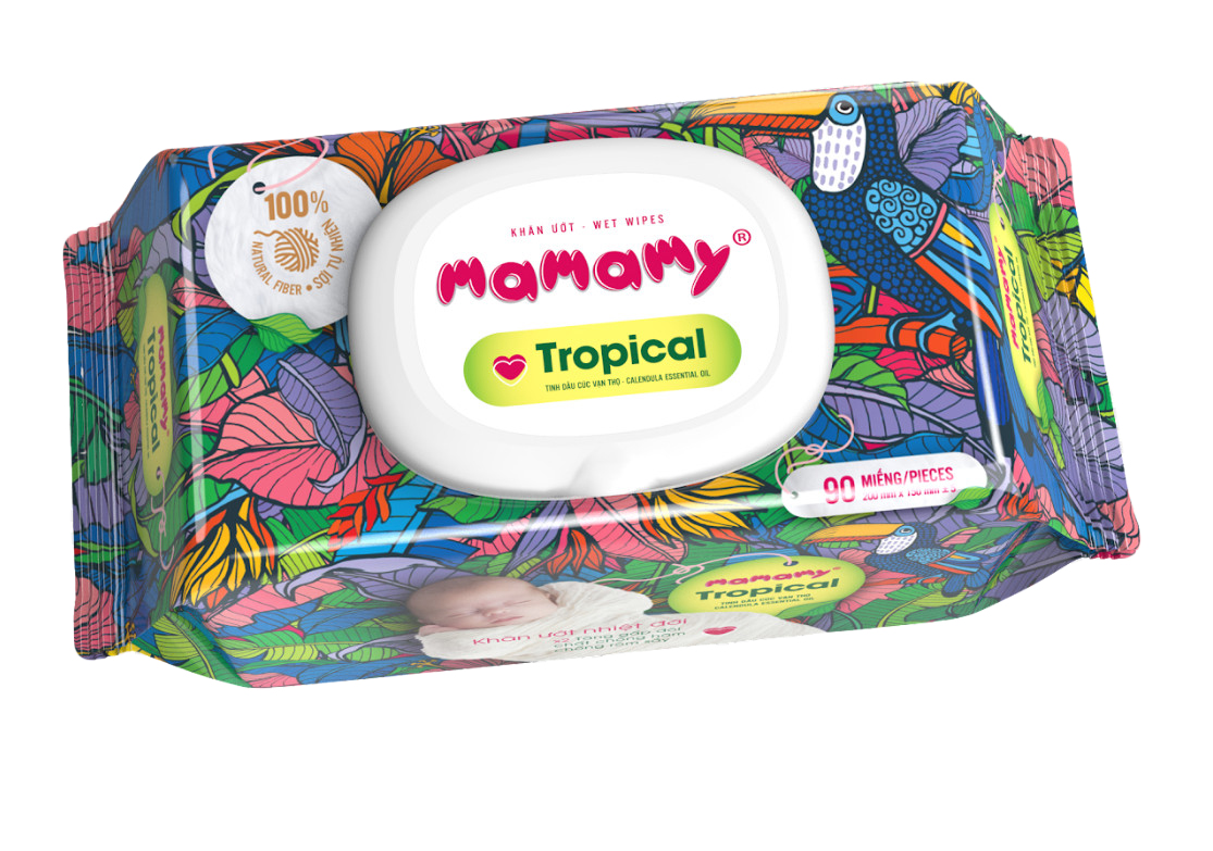 Khăn ướt Mamamy Tropical 100% sợi tự nhiên ngừa hăm, rôm sảy kháng khuẩn giữ ẩm cho bé (Gói 60/90 tờ)