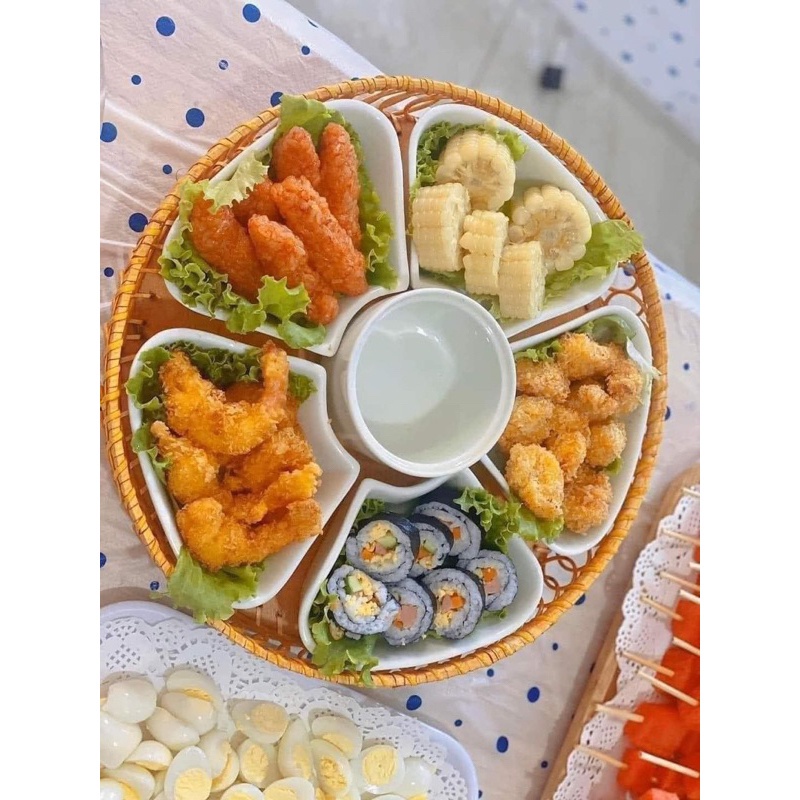Bộ Bát Đĩa Hoa Mai 5 Cánh Kèm Khay Nhựa Trắng Bóng Gồm 5 Đĩa Và 1 Bát