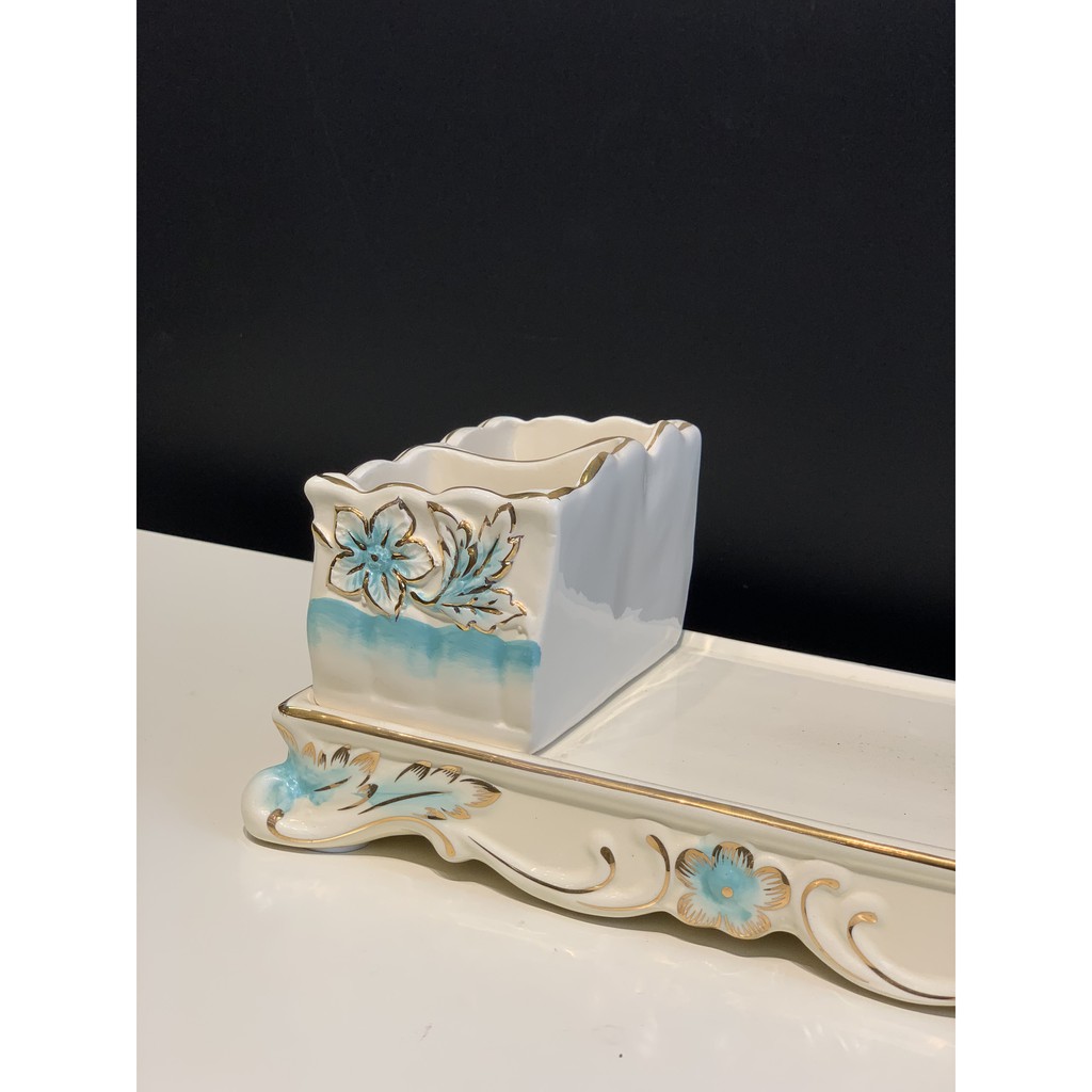 Hộp đựng giấy ăn họa tiết hoa sứ xanh mang phong cách tân cổ điển cao cấp CB28hopgiay
