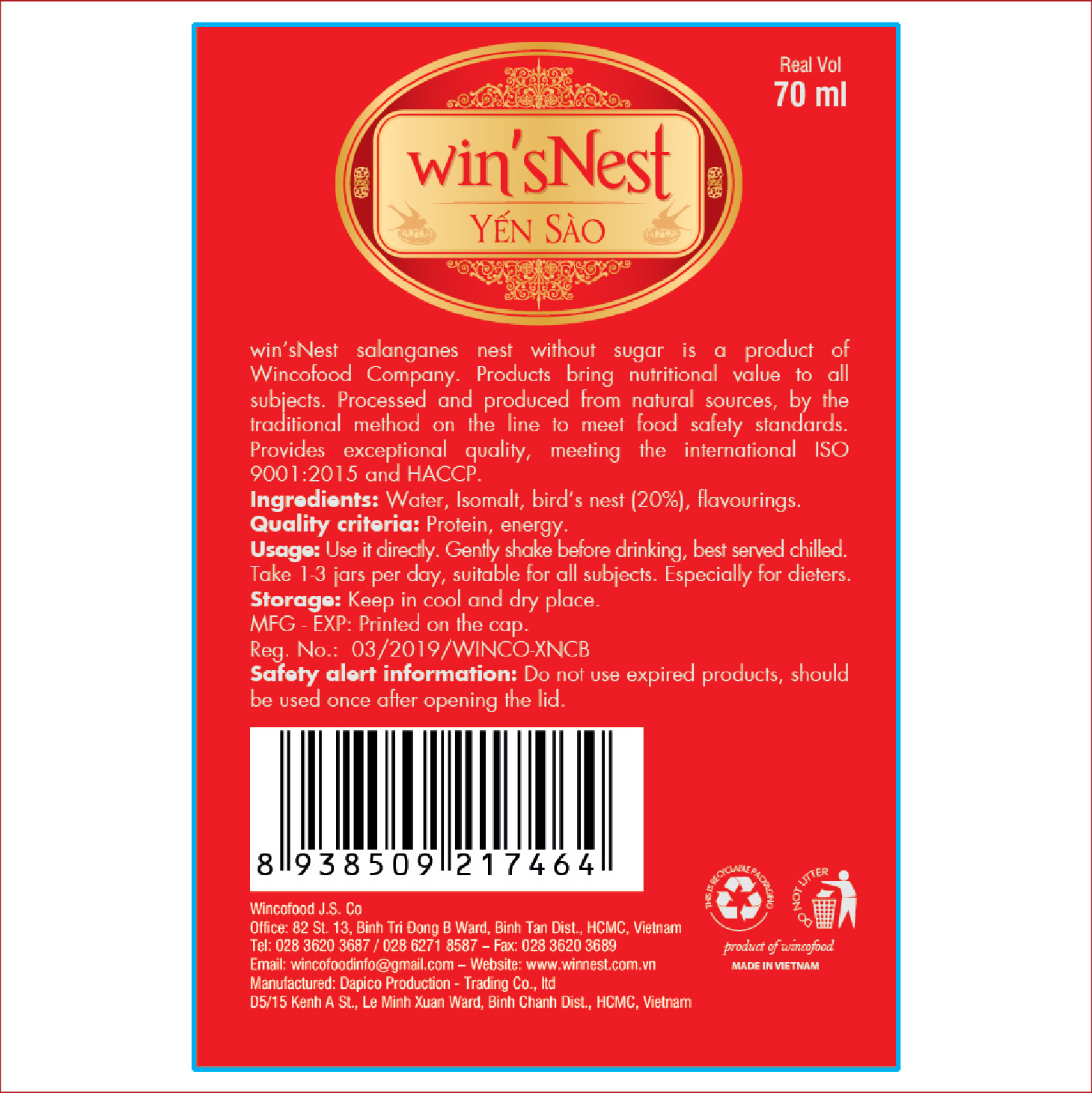 THÙNG 72 LỌ YẾN SÀO WIN'SNEST TỔ YẾN CHƯNG SẴN KHÔNG ĐƯỜNG 20% (70ML/LỌ)