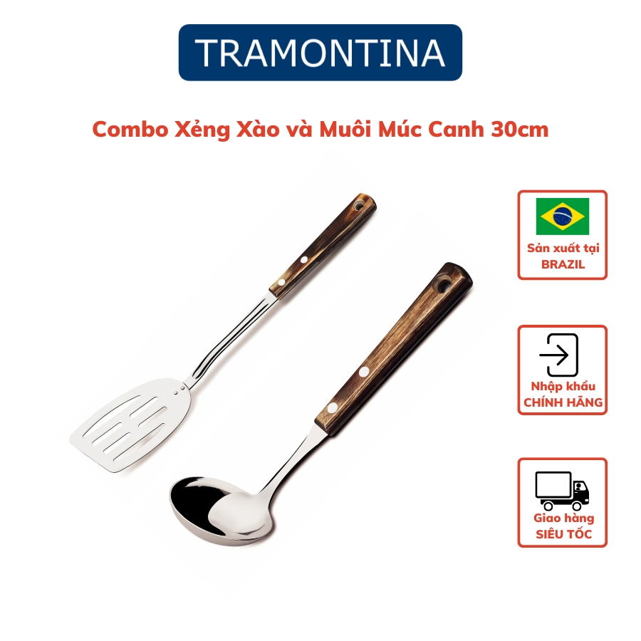 Combo 2 Dụng Cụ Nấu Ăn Gồm 1 Xẻng Xào Có Rãnh 30cm và 1 Thìa Múc Canh Sâu Lòng 30cm TRAMONTINA Cán Gỗ Polywood Chất Liệu Thép Không Gỉ Sản Xuất Tại BRAZIL - Hàng Chính Hãng