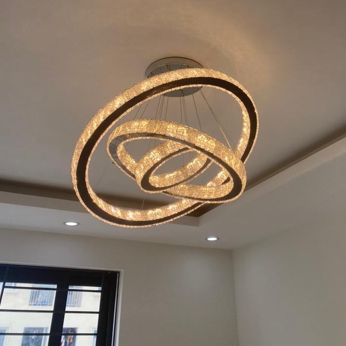 Đèn thả pha lê 3 vòng to sang trọng kiểu dáng Bắc Âu hiện đại 3 chế độ ánh sáng