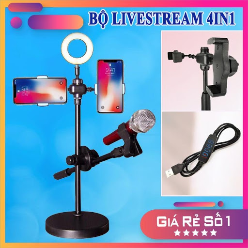 Đèn Live Stream 4in1 Để Bàn Có Chân Đỡ Micro Live Tream Hai Điện Thoại Loại Tốt- Bộ Giá đỡ Livestream Đa Năng Có Đèn Led Siêu Đẹp- Phụ Kiện Livestream Cao Cấp- Chất Liệu Hoàn Toàn Kim Loại Chắc Chắn- Đảm Bảo Ánh Sáng