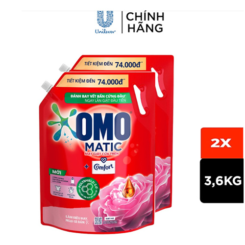 Combo 2 túi Nước giặt OMO Matic Comfort Hương Hoa Hồng Ecuador cho máy giặt cửa trên, túi 3.6kg