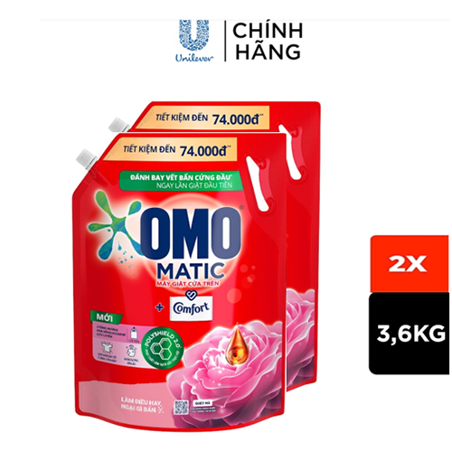 Combo 2 túi Nước giặt OMO Matic Comfort Hương Hoa Hồng Ecuador cho máy giặt cửa trên, túi 4.1kg