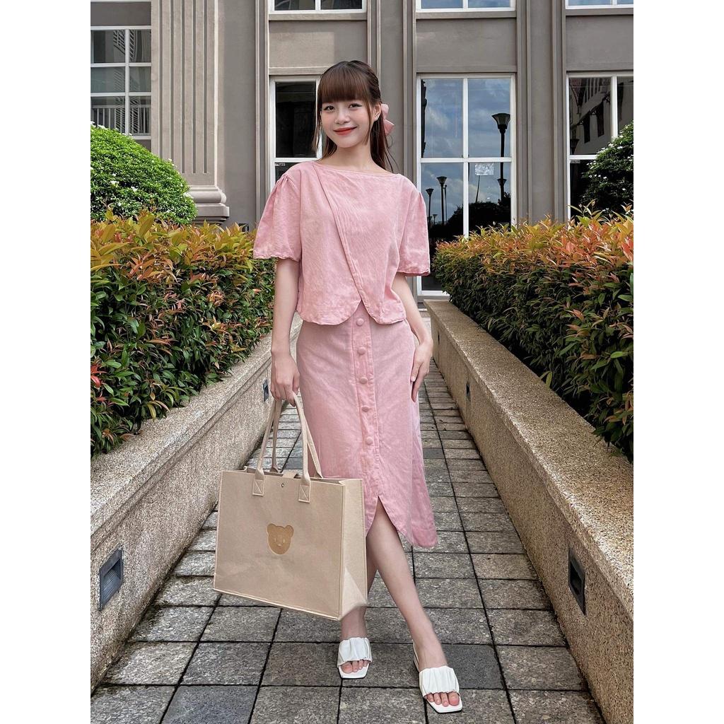 SET ÁO KÈM CHÂN VÁY NÚT BỌC CHẤT LIỆU LINEN - M