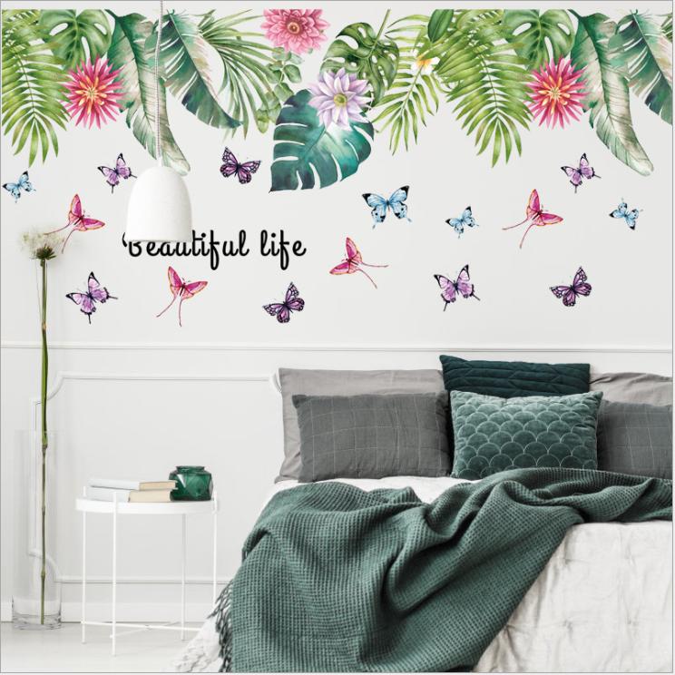 Decal dán tường Giàn lá hoa và bướm đủ màu phong cách Hàn Quốc