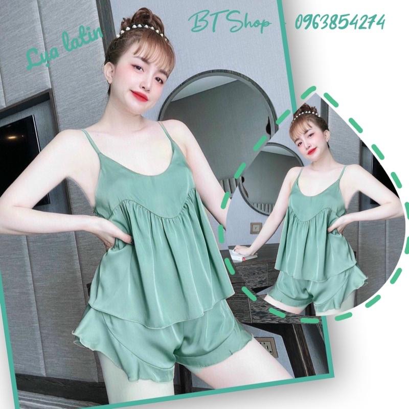 Đồ ngủ mặc nhà lụa latin 2 dây đùi trơn bèo freesize 42-57kg